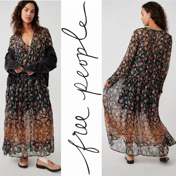 FREE PEOPLE See It Through Long Sleeve Maxi DRESS S M L Floral Black Combo NEW - Picture 4 of 14